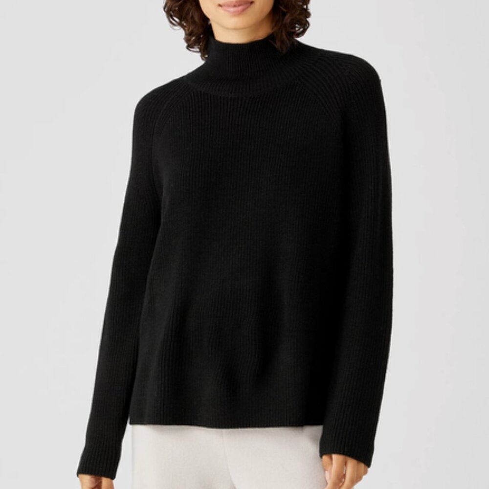 NWT Eileen Fisher Black Extra Fine Merino Wool Turtle Neck Raglan Top